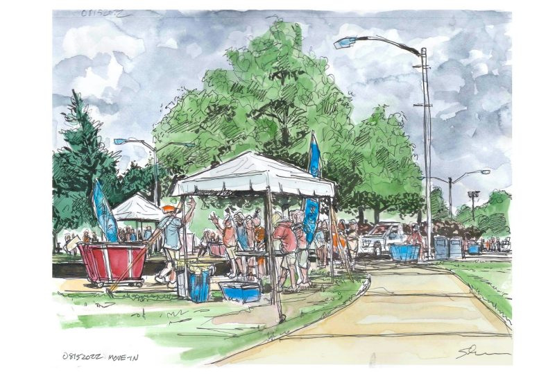 Ink and watercolor sketch of move-in day along Washington Street