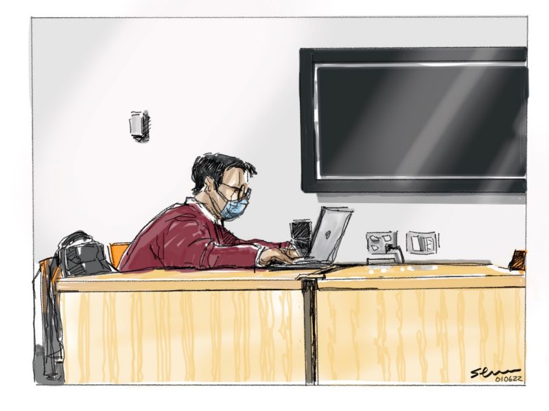 Digital sketch of student in Newman Library during Winter Session, working at a laptop