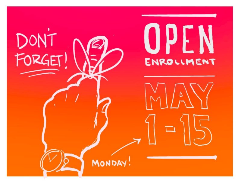 Digital reminder that open enrollment starts Monday May 1 and runs until May 15