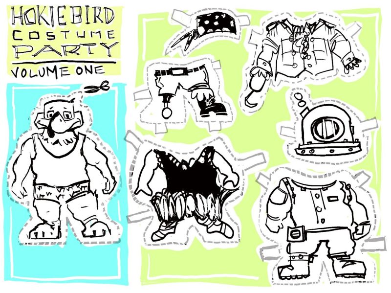 Digital sketch of HokieBird and costumes in cut out form