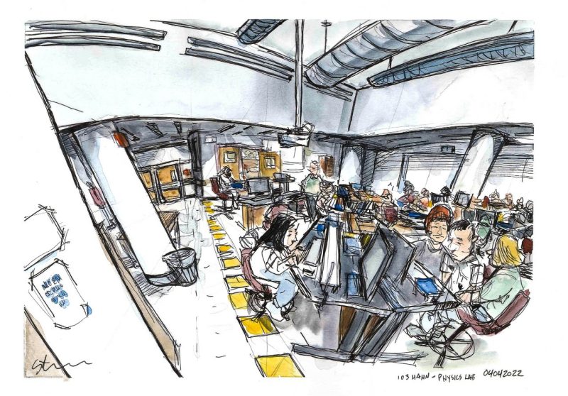 Ink and watercolor sketch of Hahn 103 North -- physics lab