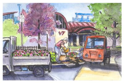 Ink and watercolor sketch of athletics grounds crew planting impatiens