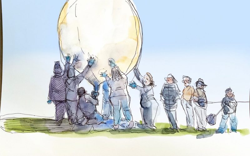 Ink and watercolor sketcfh of students inflating a high-altitude science balloon