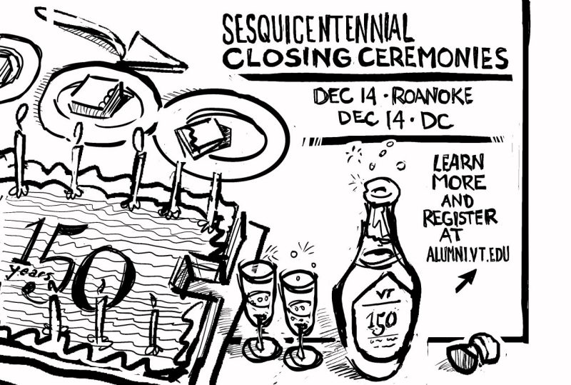 Digital ink sketch of 150 year cake and champaign for sesquicentennial clsing ceremonies december 4 in roanoke and DC