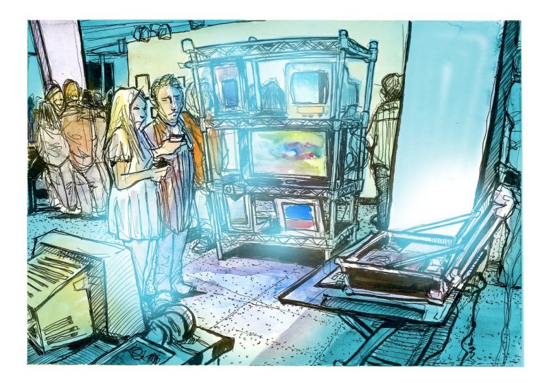Ink and watercolor sketch of the senior BFA art exhibit for spring semester