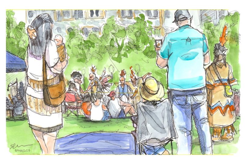 Ink and watercolor sketch of the Spring 2023 Powwow on the GLC lawn