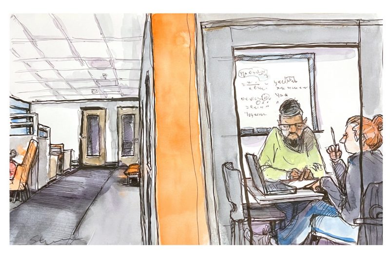 Ink and watercolor from inside the Student Success Center on Gilbert Street