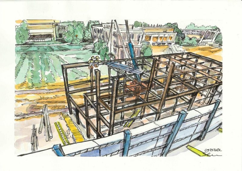 Ink and watercolor sketch of steel frame structure with two construction workers guiding building materials hoisted by crane