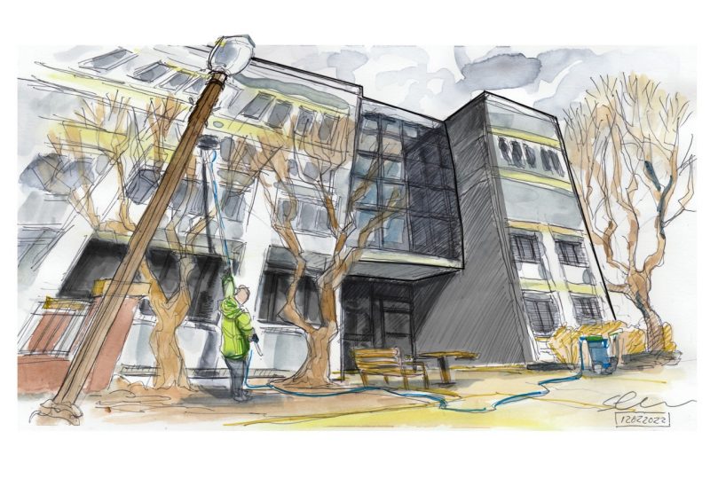 Ink and watercolor sketch of window washing outside wallace hall
