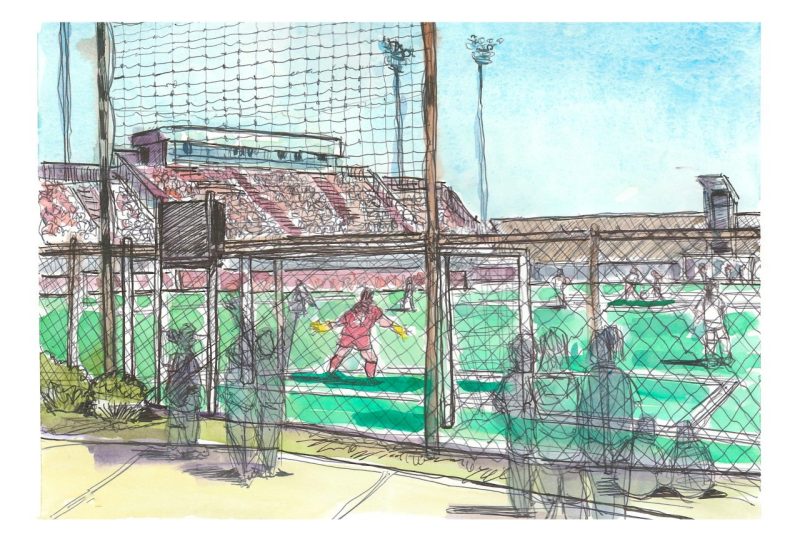 Ink and watercolor sketch of the womens soccer team versus south carolina from behind the goal