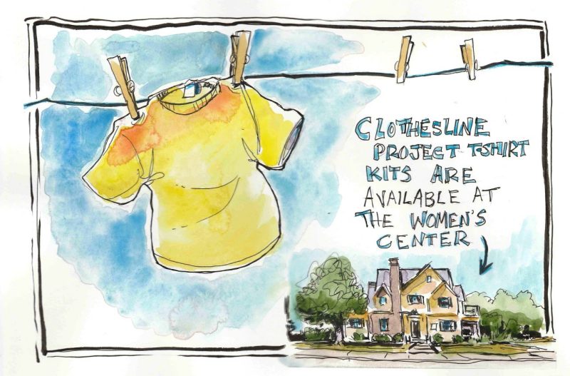 illustration in ink and watercolor of the VT Women's Center and the clothesline project