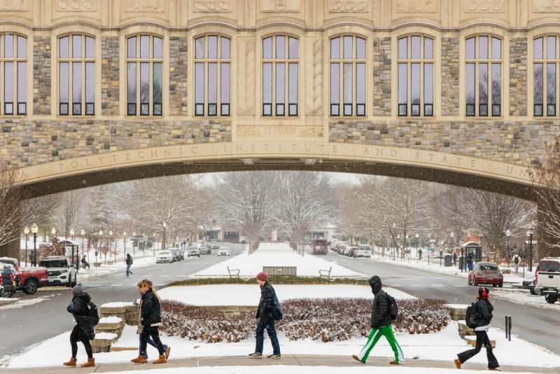 Snowy first day of spring semester, 2024. Photo by Luke Hayes for Virginia Tech Snowy first day of spring semester.