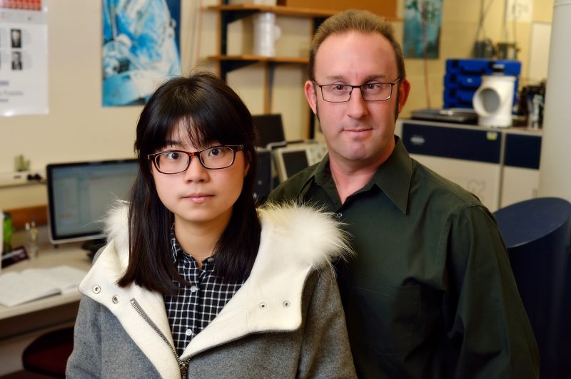 Ying Wang and Lou Madsen inside a chemistry lab.
