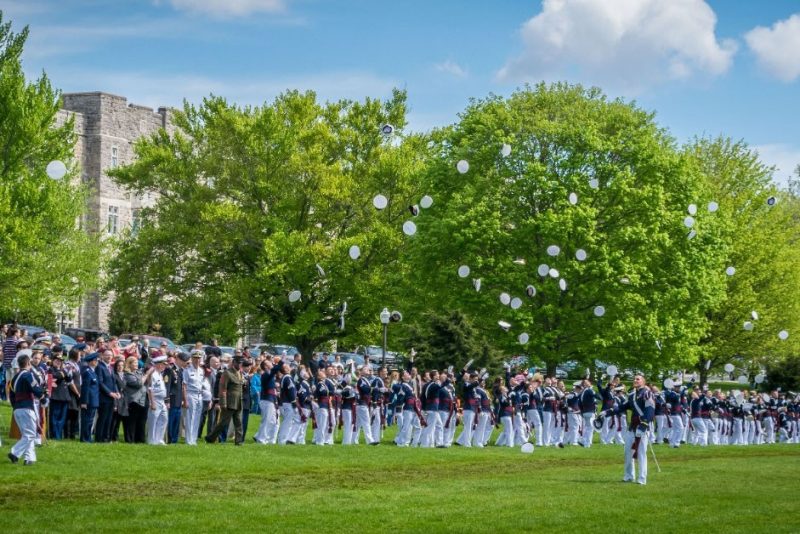 Members of the Class of 2015 celebrate at the conclusion of the Change of Command parade on the Drillfield last spring.