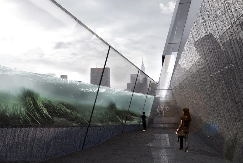 A computer rendering of a sunken walkway next to a massive glass walled aquarium tank that angles towards the walkway. 