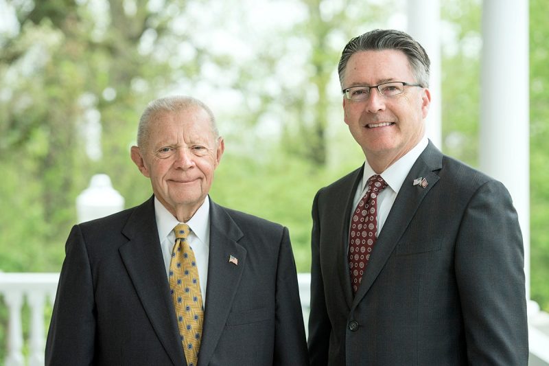Photograph of Russell Hitt, chairman of HITT Contracting Inc.,  and Tim Sands, president of Virginia Tech
