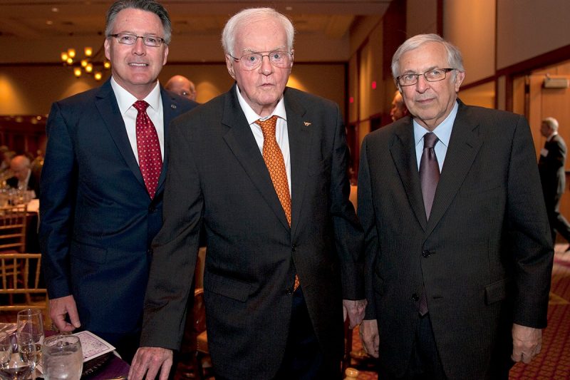 Photograph of Virginia Tech President Tim Sands, Virginia Tech President Emeritus T. Marshall Hahn Jr., and Virginia Tech President Emeritus Charles W. Steger