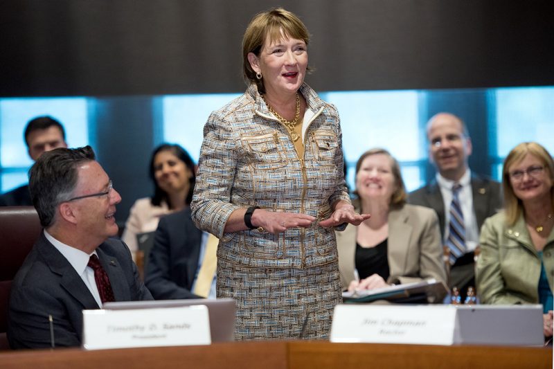 Carilion Clinic President and CEO Nancy Howell Agee speaks at Monday's Virginia Tech Board of Visitors meeting with Virginia Tech President Tim Sands.