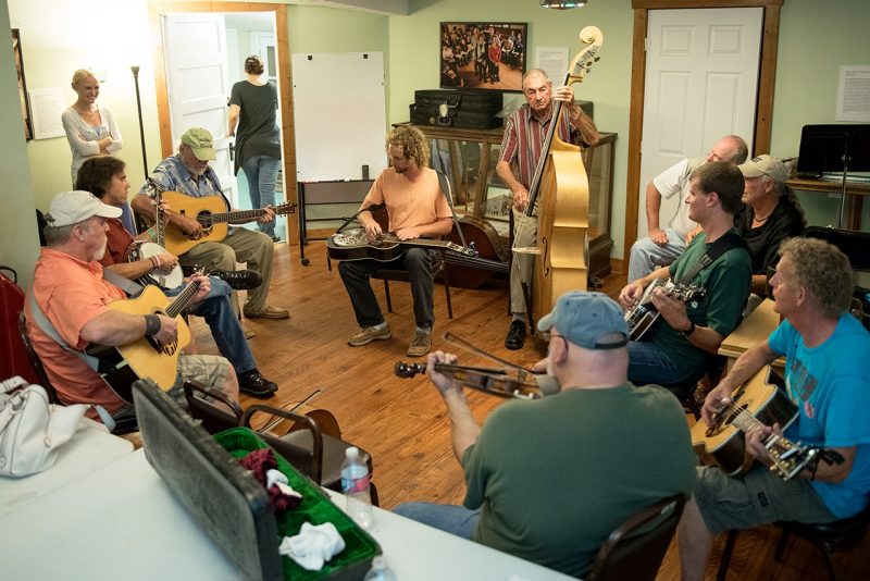 Musicians play during a jam session in Floyd. 