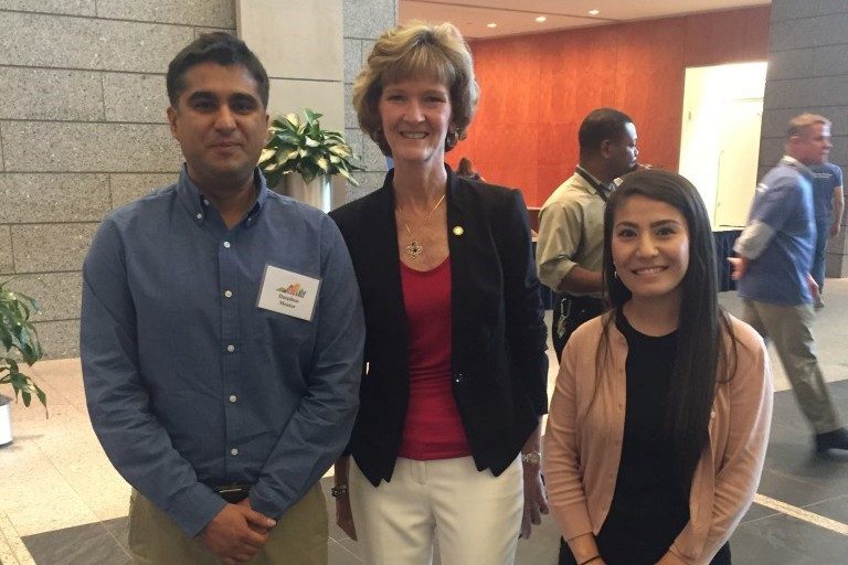Left to right are computer science Ph.D. student Rupinder Paul Khandpur, Secretary of Technology for the Commonwealth of Virginia Karen Jackson and Wanawsha Hawrami, manager of operations for the Discovery Analytics Center at the governor’s 2016 Datathon.