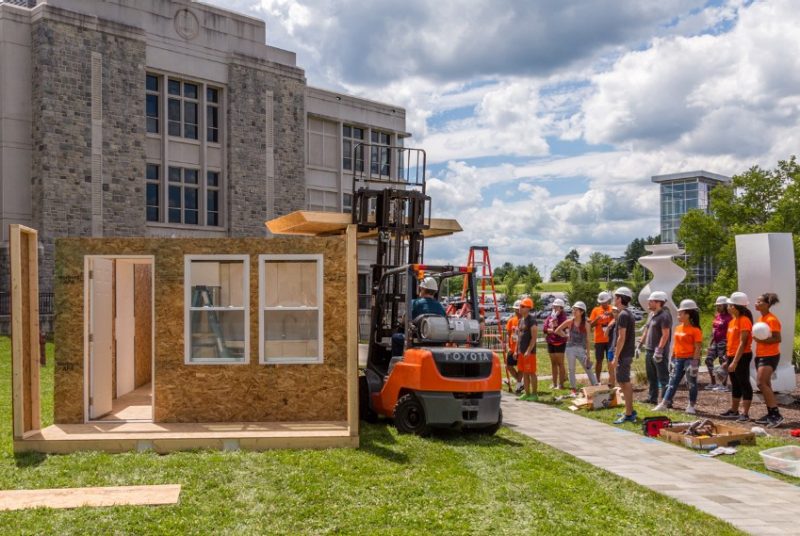 High school students assembled a disaster-relief prototype house with Architecture Professor Joe Wheeler and Virginia Tech architecture students