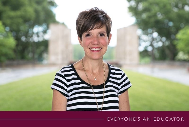 headshot of Kelly Shushok infront of the Pylons at Virginia Tech, with "Everyone's an Educator" overlay on image