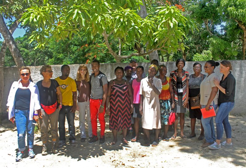 sixteen adults standing beneath the shade of a tree in rural Haiti
