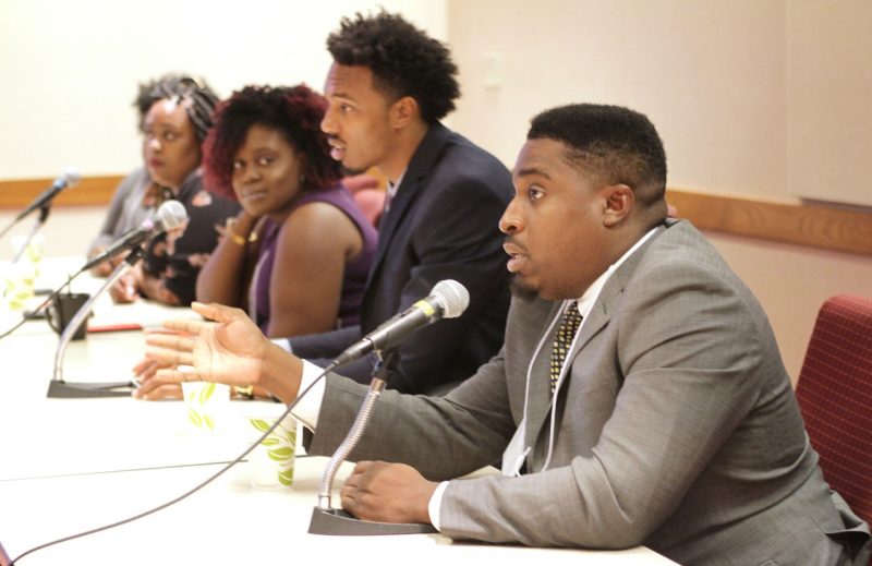 Courtney Lawrence, a graduate student in the Agricultural, Leadership, and Community Education program, speaks during a panel at the  Virginia Tech Historically Black Colleges and Universities/Minority Serving Institutions Research Summit. 