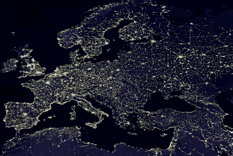 Satellite image of Europe at night.
