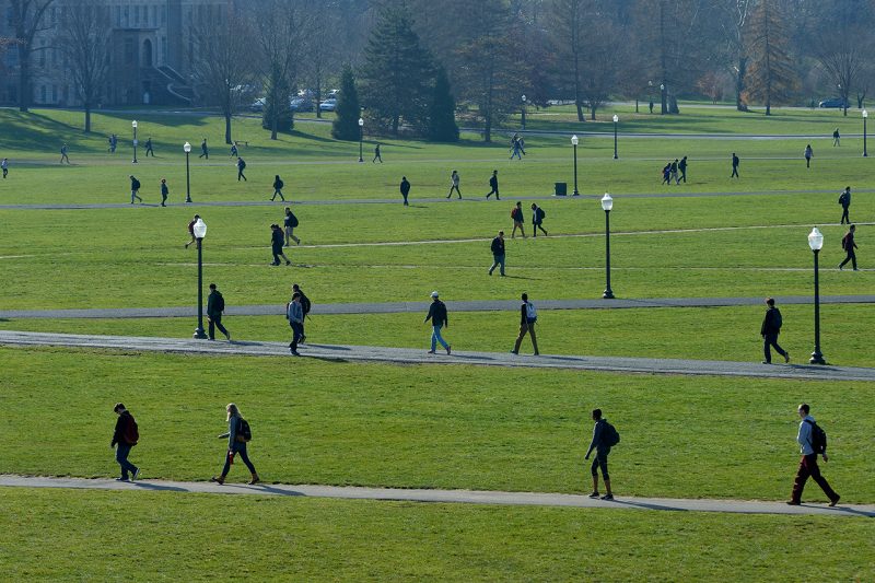 Students cross the Drillfield during a class change.