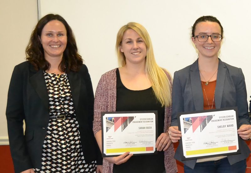 Image of three female graduate students - Nicole Hersch, Sarah Bush, and Shelby Ward - who received recognition for their Citizen Scholar projects at a recent reception at the Graduate School.