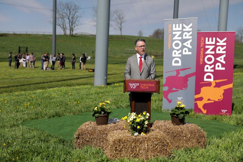 Tim Sands speaks at drone park opening