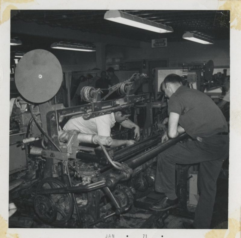 Fries textile mill employees work on the latest technology of the time, 1971.