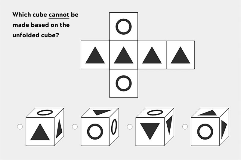 A sample spatial reasoning problem showing a flattened cube in six sections. The middle four sections show a triangle with one section above and below the second triangle showing two circles. Below are illustrations of four possible cubes showing three faces with a varied configuration of triangles and circles showing. Which cube cannot be made based on the unfolded cube? Credit: 123 Test Spatial Reasoning Test (https://www.123test.com/spatial-reasoning-test/)