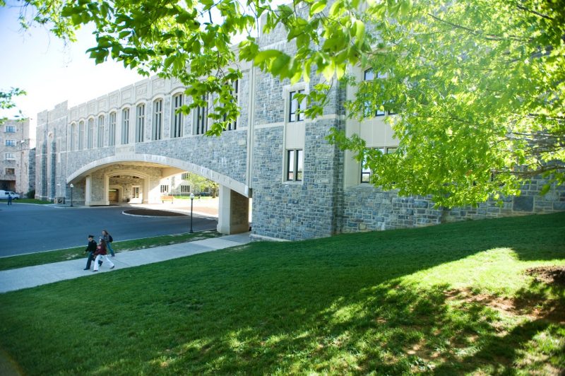 Students at Torgersen bridge; spring