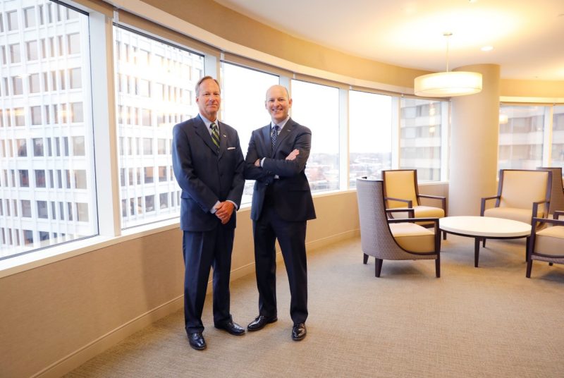 Bankers and finance alumni Mike Clarke and John Asbury at Union Bank's offices in Richmond.