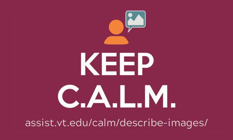 Gender-inclusive person head and shoulders with speech bubble showing a house and moon with Keep C.A.L.M. assist.vt.edu/calm/describe-images