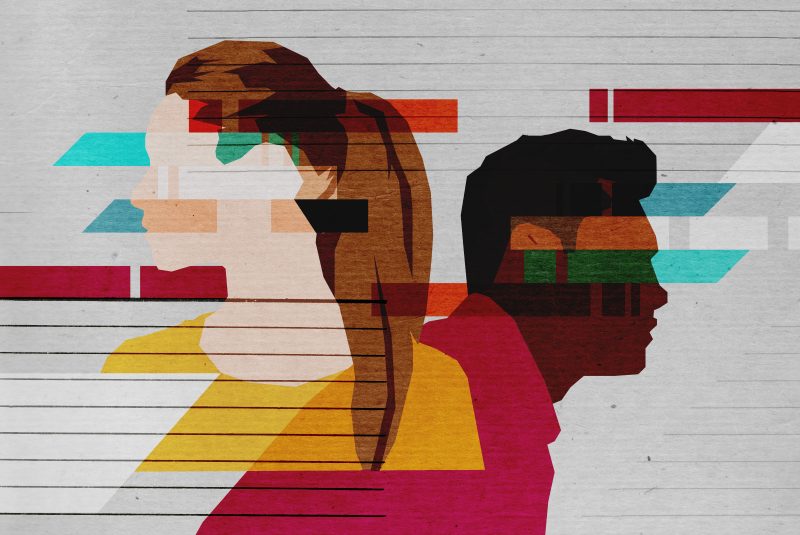 Illustration of student faces in profile with colored bars overlaid. 