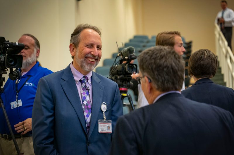 VTC School of Medicine Dean Learman talks to Virginia Tech vice president for health sciences and executive director of the Fralin Biomedical Research Institute, Michael Friedlander