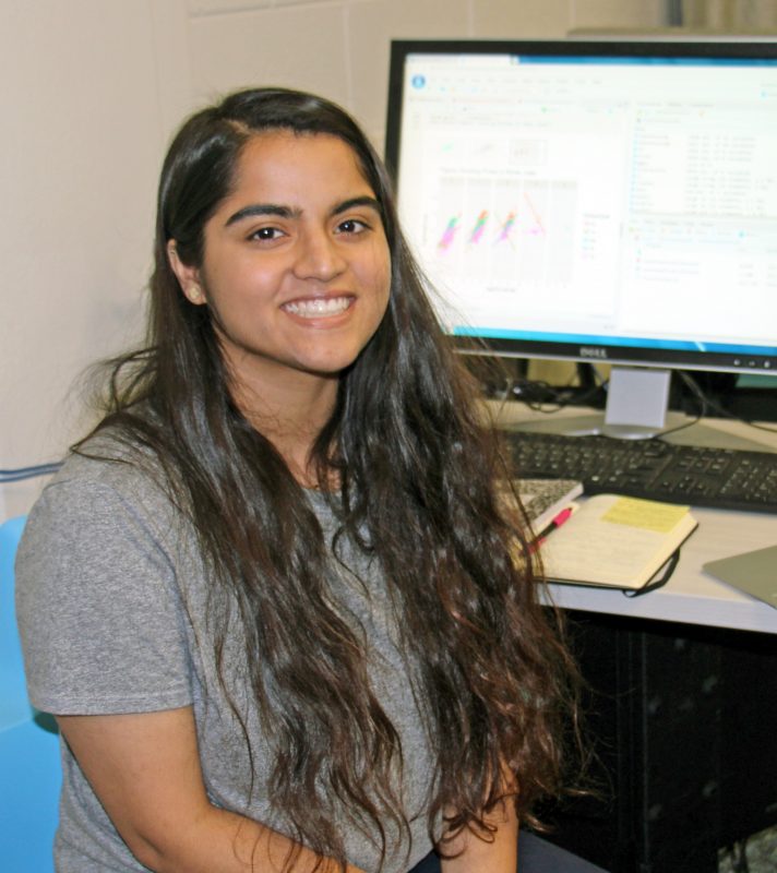 Grishma in the Center for Environmental Analytics and Remote Sensing (CEARS) lab analyzing large datasets to explore the interaction between assistance, gender, and food security. Courtesy of Virginia Tech.