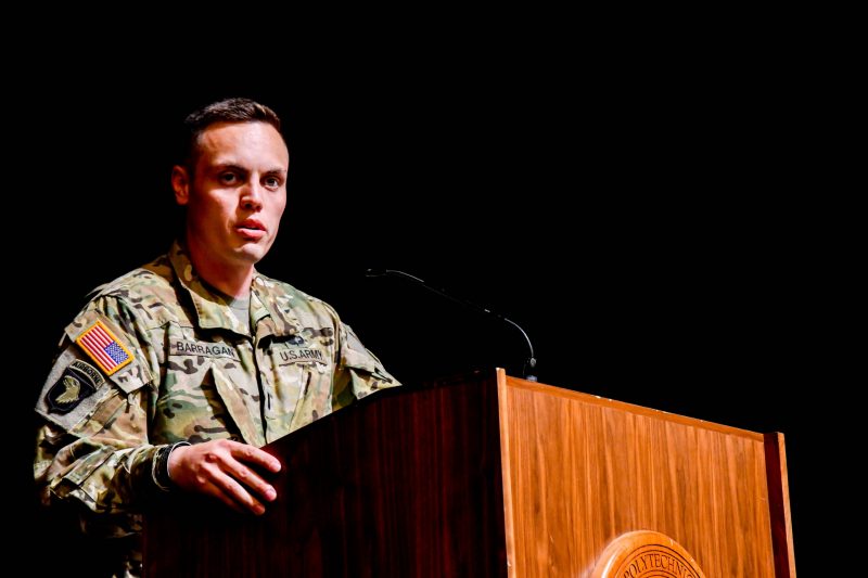 U.S. Army Capt. Aaron Barragan U.S. Army Capt. Aaron Barragan speaks at a podium