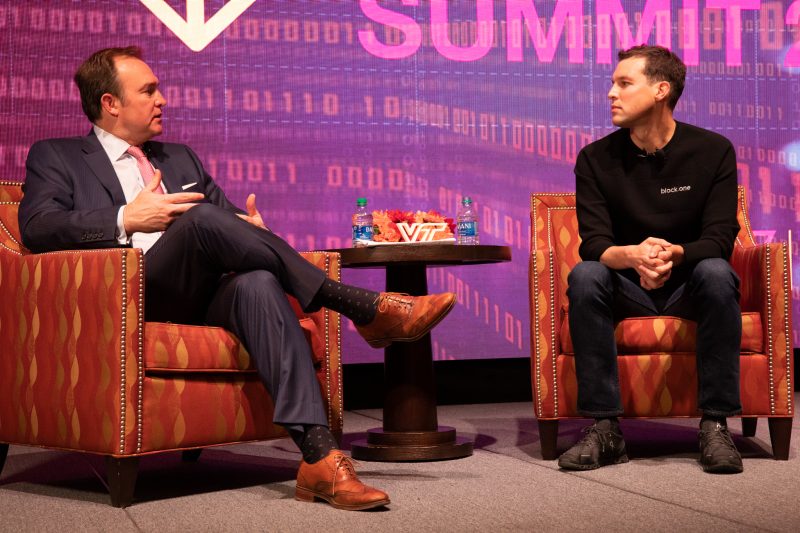CNBC Anchor Brian Sullivan engages in a fireside chat with Block.one Chief Executive Officer Brendan Blumer at the Blocksburg Summit 2019.