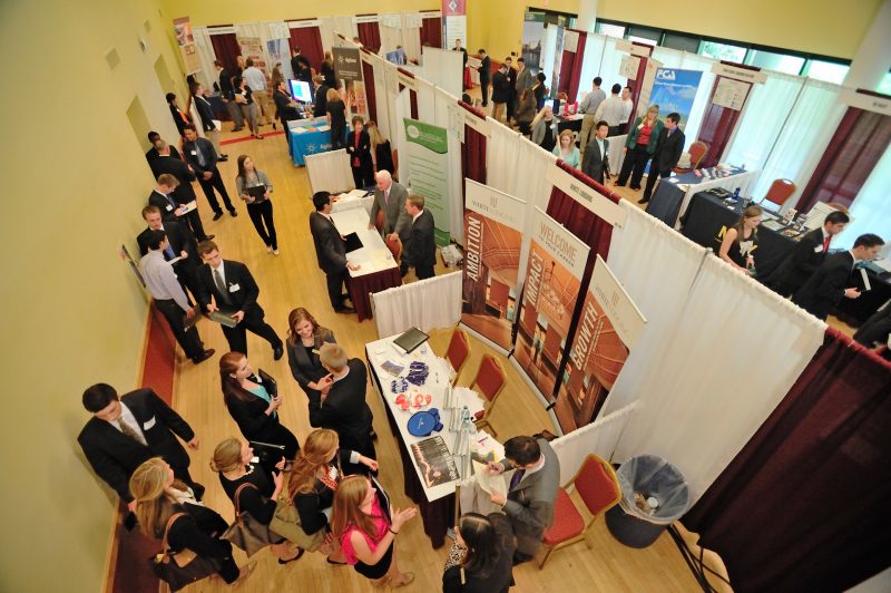 An aerial photo shows students attending a career fair in the Commonwealth Ballroom