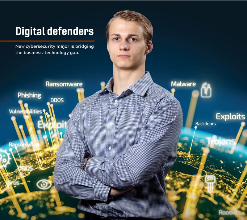 Part of the cover of the Fall 2019 Virginia Tech Business magazine, showing Nick Herman, a junior majoring in business information technology who  is among the students pursuing a new option in cybersecurity management and analytics. 