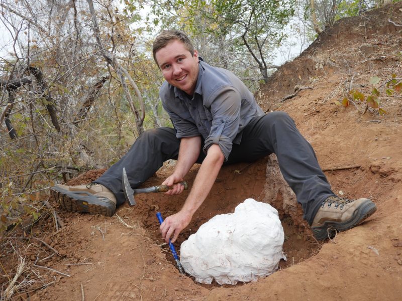 Christopher Griffin digging a Zimbabwean dinosaur out of the ground