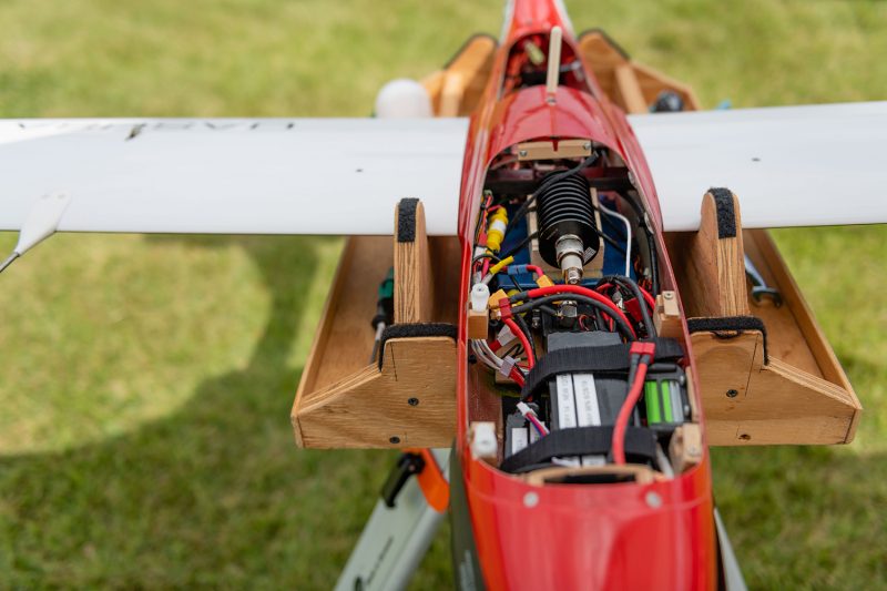 Fixed-wing drone with exposed hardware
