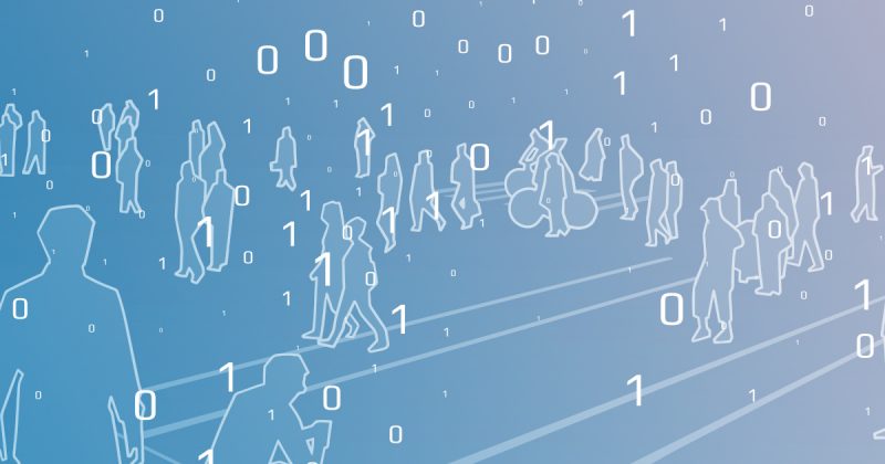 A graphic of humans walking around and interacting. Numbers surround and connect them with one another.