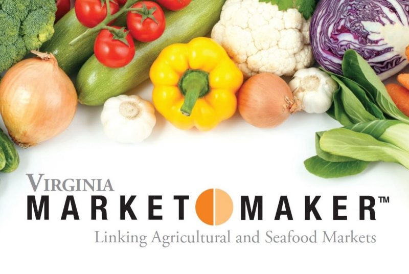 Vegetables surround the words "virginia market maker: linking agricultural and seafood markets"