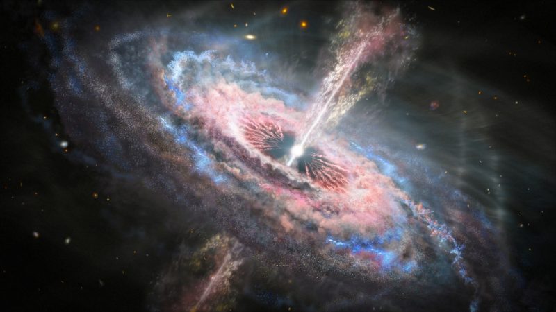 This is an artist's concept of a distant galaxy with an active quasar at its center. 
