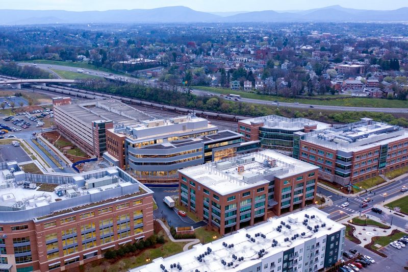 Aerial photo of Roanoke, Virginia, which includes the campus of the Virginia Tech Carilion School of Medicine. 